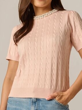 Joie, L, Cashmere, Women's Pink Cable Knit Short-Sleeve Sweater Top